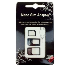 Adaptador 3 en uno Nano SIM 4 en 1 Nano to Micro; Nano to SIM estándar y Micro to SIM estándar + Clip para extraer SIM de regalo