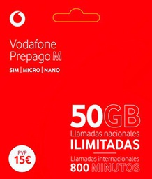 Vodafone Prepago M 20GB + llamadas ilimitadas nacionales (800 min internacionales) Roaming Europa EEUU