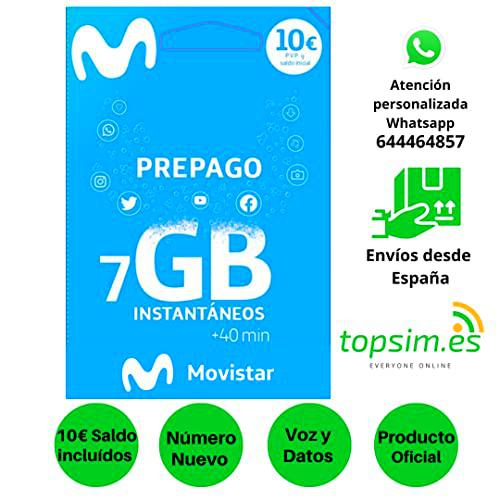 TopSim Tarjeta SIM/Micro/Nano de Prepago MOVISTAR 10 SALDO.Roaming Europa INCLUÍDO!