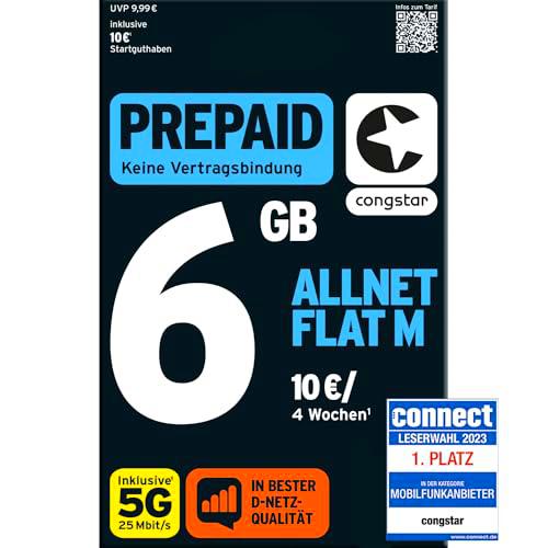 congstar Allnet Flat Plus [SIM, Micro-SIM y Nano-SIM] Contrato mensual Rolling (1 GB de Datos de Tarifa Plana a 21 Mbit/s