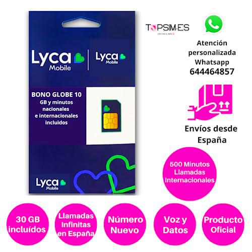 TopSim Tarjeta SIM/Micro/Nano de Prepago Lycamobile Globe 10 SALDO.Roaming Europa INCLUÍDO!